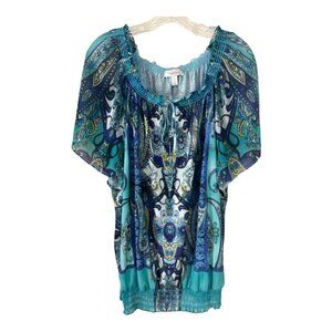 Dressbarn Women’s 2X Boho Peasant Top – Blue Paisley Smocked Flutter Sleeve Blou